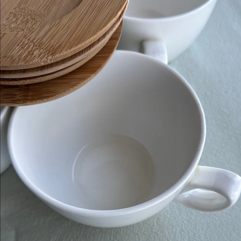 White Ceramic Cups with Bamboo Coasters Set